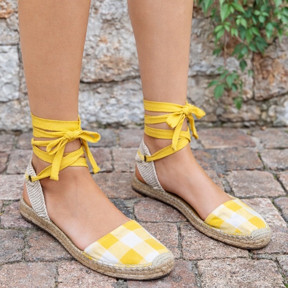 Soludos Shoes - SOLUDOS Nautical Yellow/White Buffalo Check Lace-Up Espadrille Sandals, 7.5/38